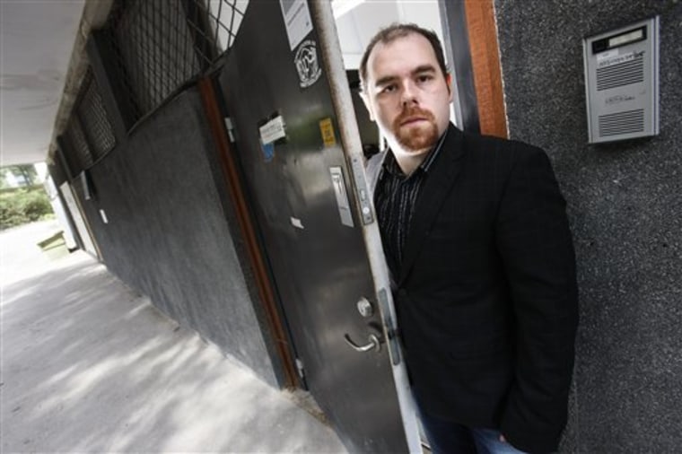 Mikael Viborg, the owner of the Web hosting company PRQ, stands outside the entrance to the basement where servers hosting the Wikileak site are kept in Stockholm, Sweden